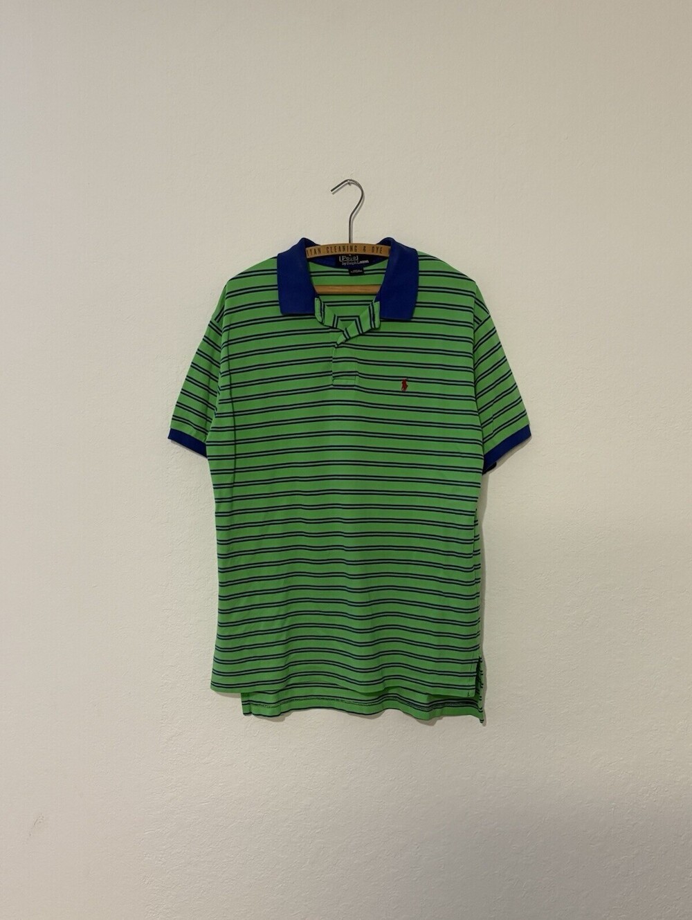Polo Ralph Lauren Blue And Green Striped Knit Short Sleeve Shirt Cotton Size L